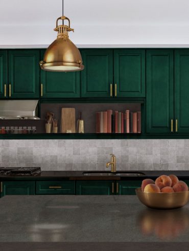 Glossy emerald green kitchen cabinets with modern, organized layout
